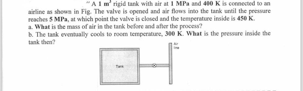 "A 1 m³ rigid tank with air at 1 MPa and 400 K is connected to an
airline as shown in Fig. The valve is opened and air flows into the tank until the pressure
reaches 5 MPa, at which point the valve is closed and the temperature inside is 450 K.
a. What is the mass of air in the tank before and after the process?
b. The tank eventually cools to room temperature, 300 K. What is the pressure inside the
tank then?
Tank
Air
line