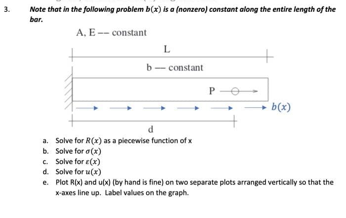 3.
Note that in the following problem b(x) is a (nonzero) constant along the entire length of the
bar.
A, E-- constant
L
b - constant
P
b(x)
(x)q +
a. Solve for R(x) as a piecewise function of x
b. Solve for o(x)
c. Solve for ɛ(x)
d. Solve for u(x)
e. Plot R(x) and u(x) (by hand is fine) on two separate plots arranged vertically so that the
x-axes line up. Label values on the graph.
