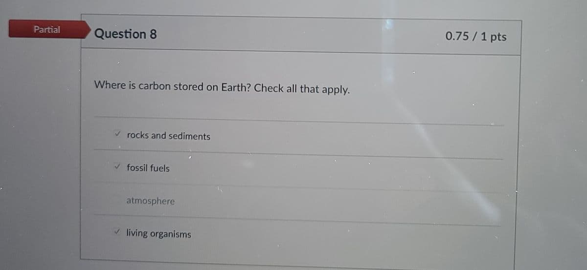 Partial
0.75 /1 pts
Question 8
Where is carbon stored on Earth? Check all that apply.
rocks and sediments
fossil fuels
atmosphere
V living organisms
