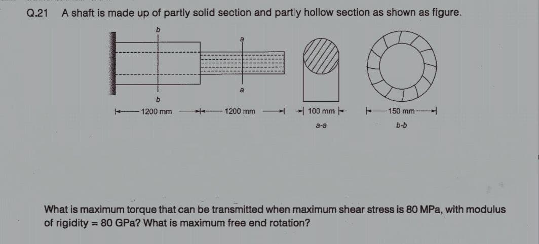 Q.21 A shaft is made up of partly solid section and partly hollow section as shown as figure.
b
b
1200 mm
a
1200 mm
✈ → 100 mm
a-a
H
150 mm
b-b
H
What is maximum torque that can be transmitted when maximum shear stress is 80 MPa, with modulus
of rigidity = 80 GPa? What is maximum free end rotation?