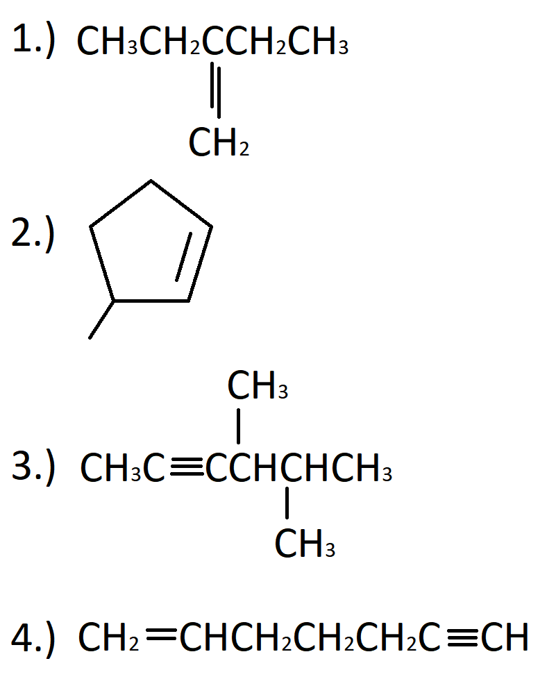 1.) CН:CH2CСH:CHз
CH2
2.)
CH3
|
3.) CH:С%3CСНСHCH
CH3
4.) CH3СHСН-CH-CH.C%СH
