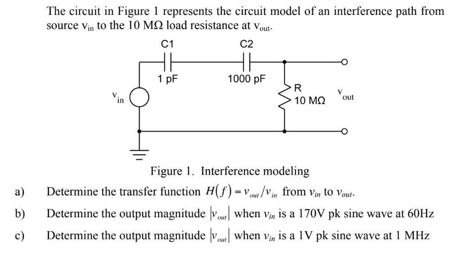 The circuit in Figure 1 represents the circuit model of an interference path from
source vin to the 10 MQ load resistance at vout-
C1
C2
1 pF
1000 pF
R
V
in
out
10 MQ
Figure 1. Interference modeling
a)
Determine the transfer function H(f) = vou/Vin from vin to vout-
b)
Determine the output magnitude vout when Vin is a 170V pk sine wave at 60HZ
c)
Determine the output magnitude vou when vin is a 1V pk sine wave at 1 MHz
