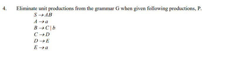 4.
Eliminate unit productions from the grammar G when given following productions, P.
S→ AB
A →a
B →C|b
C →D
D →E
E →a
