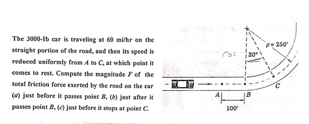 The 3000-Ib car is traveling at 60 mi/hr on the
p= 250'
straight portion of the road, and then its speed is
| 30° 1
reduced uniformly from A to C, at which point it
comes to rest. Compute the magnitude F of the
total friction force exerted by the road on the car
(a) just before it passes point B, (b) just after it
B
passes point B, (c) just before it stops at point C.
100
