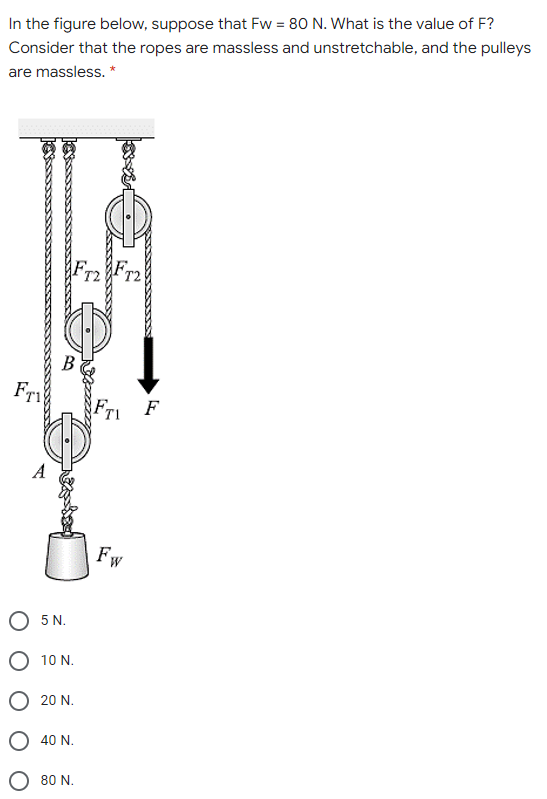 In the figure below, suppose that Fw = 80 N. What is the value of F?
Consider that the ropes are massless and unstretchable, and the pulleys
are massless. *
Fr2
В
Fr
F
A
Fw
5 N.
O 10 N.
O 20 N.
O 40 N.
O 80 N.
