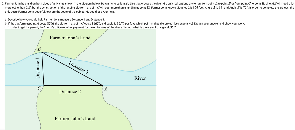 2. Farmer John has land on both sides of a river as shown in the diagram below. He wants to build a zip Line that crosses the river. His only real options are to run from point A to point B or from point C to point B. Line AB will need a lot
more cable than CB, but the construction of the landing platform at point C will cost more than a landing at point 33. Farmer John knows Distance 2 is 854 feet. Angle A is 33° and Angle B is 72°. In order to complete the project, the
only costs Farmer John doesn't know are the costs of the cables. He could use your help.
a. Describe how you could help Farmer John measure Distance 1 and Distance 3.
b. If the platform at point A costs $760, the platform at point C costs $1670, and cable is $9.79 per foot, which point makes the project less expensive? Explain your answer and show
c. In order to get his permit, the Sherrif's office requires payment for the entire area of the river affected. What is the area of triangle ABC?
your work.
B
Distance 1
CA
Farmer John's Land
Distance 3
Distance 2
Farmer John's Land
A
River