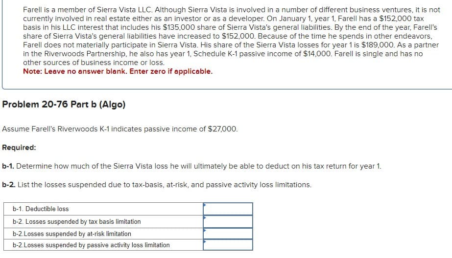 Farell is a member of Sierra Vista LLC. Although Sierra Vista is involved in a number of different business ventures, it is not
currently involved in real estate either as an investor or as a developer. On January 1, year 1, Farell has a $152,000 tax
basis in his LLC interest that includes his $135,000 share of Sierra Vista's general liabilities. By the end of the year, Farell's
share of Sierra Vista's general liabilities have increased to $152,000. Because of the time he spends in other endeavors,
Farell does not materially participate in Sierra Vista. His share of the Sierra Vista losses for year 1 is $189,000. As a partner
in the Riverwoods Partnership, he also has year 1, Schedule K-1 passive income of $14,000. Farell is single and has no
other sources of business income or loss.
Note: Leave no answer blank. Enter zero if applicable.
Problem 20-76 Part b (Algo)
Assume Farell's Riverwoods K-1 indicates passive income of $27,000.
Required:
b-1. Determine how much of the Sierra Vista loss he will ultimately be able to deduct on his tax return for year 1.
b-2. List the losses suspended due to tax-basis, at-risk, and passive activity loss limitations.
b-1. Deductible loss
b-2. Losses suspended by tax basis limitation
b-2.Losses suspended by at-risk limitation
b-2.Losses suspended by passive activity loss limitation