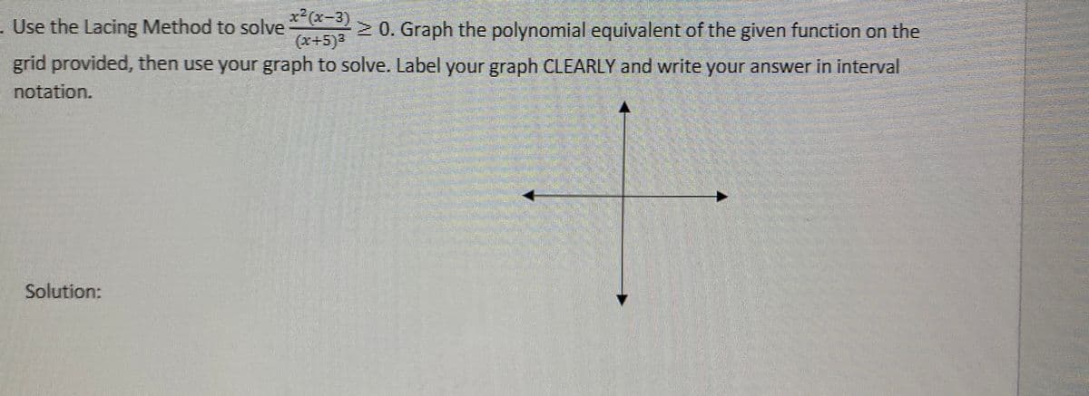 - Use the Lacing Method to solve *x-3)
(x+5)2
2 0. Graph the polynomial equivalent of the given function on the
grid provided, then use your graph to solve. Label your graph CLEARLY and write your answer in interval
notation.
Solution:
