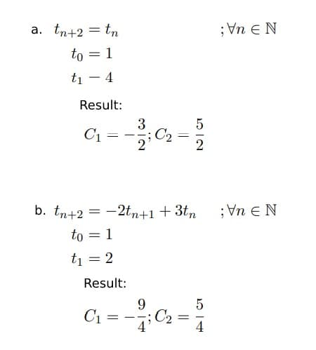 a. tn+2 = tn
;Vn e N
to = 1
t1 – 4
|
Result:
C1
3
C2
2
b. tn+2 = -2tn+1+ 3tn
;Vn e N
|
to = 1
tį = 2
Result:
9.
C1 =
%3D
--
4'
4
