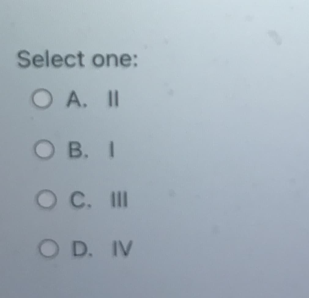 Select one:
O A. II
OB. I
O C. III
O D. IV