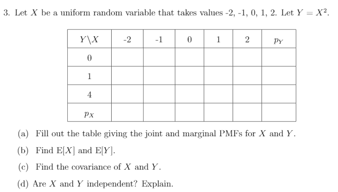 3. Let X be a uniform random variable that takes values -2, -1, 0, 1, 2. Let Y = X².
Y\X
-2
-1
1
2
PY
1
4
Px
(a) Fill out the table giving the joint and marginal PMFs for X and Y.
(b) Find E[X] and E[Y].
(c) Find the covariance of X and Y.
(d) Are X and Y independent? Explain.

