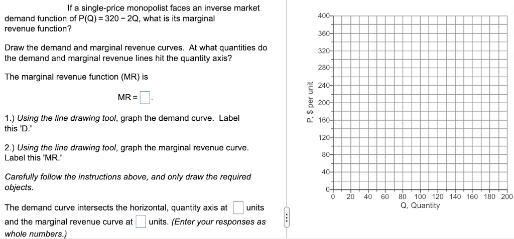 If a single-price monopolist faces an inverse market
demand function of P(Q)=320-2Q, what is its marginal
revenue function?
Draw the demand and marginal revenue curves. At what quantities do
the demand and marginal revenue lines hit the quantity axis?
The marginal revenue function (MR) is
MR =
1.) Using the line drawing tool, graph the demand curve. Label
this 'D.'
2.) Using the line drawing tool, graph the marginal revenue curve.
Label this 'MR.'
Carefully follow the instructions above, and only draw the required
objects.
The demand curve intersects the horizontal, quantity axis at units
and the marginal revenue curve at units. (Enter your responses as
whole numbers.)
C
P, $ per unit
400-
360-
320-
280-
240-
200-
a 160-
120-
80-
40-
0-
0
20
40
60
80 100 120 140 160 180 200
Q, Quantity