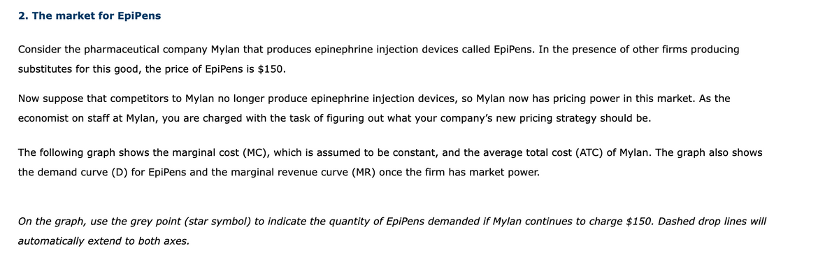 2. The market for EpiPens
Consider the pharmaceutical company Mylan that produces epinephrine injection devices called EpiPens. In the presence of other firms producing
substitutes for this good, the price of EpiPens is $150.
Now suppose that competitors to Mylan no longer produce epinephrine injection devices, so Mylan now has pricing power in this market. As the
economist on staff at Mylan, you are charged with the task of figuring out what your company's new pricing strategy should be.
The following graph shows the marginal cost (MC), which is assumed to be constant, and the average total cost (ATC) of Mylan. The graph also shows
the demand curve (D) for EpiPens and the marginal revenue curve (MR) once the firm has market power.
On the graph, use the grey point (star symbol) to indicate the quantity of EpiPens demanded if Mylan continues to charge $150. Dashed drop lines will
automatically extend to both axes.