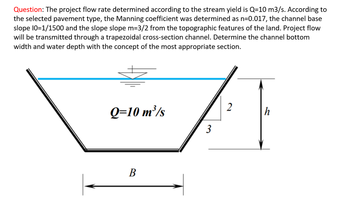 Question: The project flow rate determined according to the stream yield is Q=10 m3/s. According to
the selected pavement type, the Manning coefficient was determined as n=0.017, the channel base
slope 10=1/1500 and the slope slope m=3/2 from the topographic features of the land. Project flow
will be transmitted through a trapezoidal cross-section channel. Determine the channel bottom
width and water depth with the concept of the most appropriate section.
Q=10 m²/s
h
3
В
