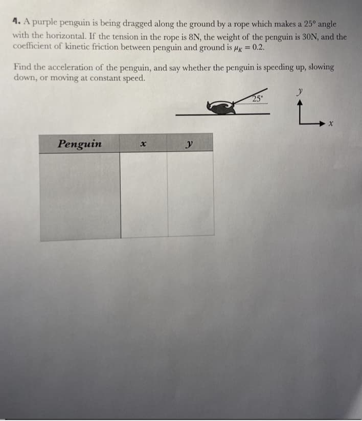 4. A purple penguin is being dragged along the ground by a rope which makes a 25° angle
with the horizontal. If the tension in the rope is 8N, the weight of the penguin is 30N, and the
coefficient of kinetic friction between penguin and ground is μ = 0.2.
Find the acceleration of the penguin, and say whether the penguin is speeding up, slowing
down, or moving at constant speed.
Penguin
x
y
25°
y
L