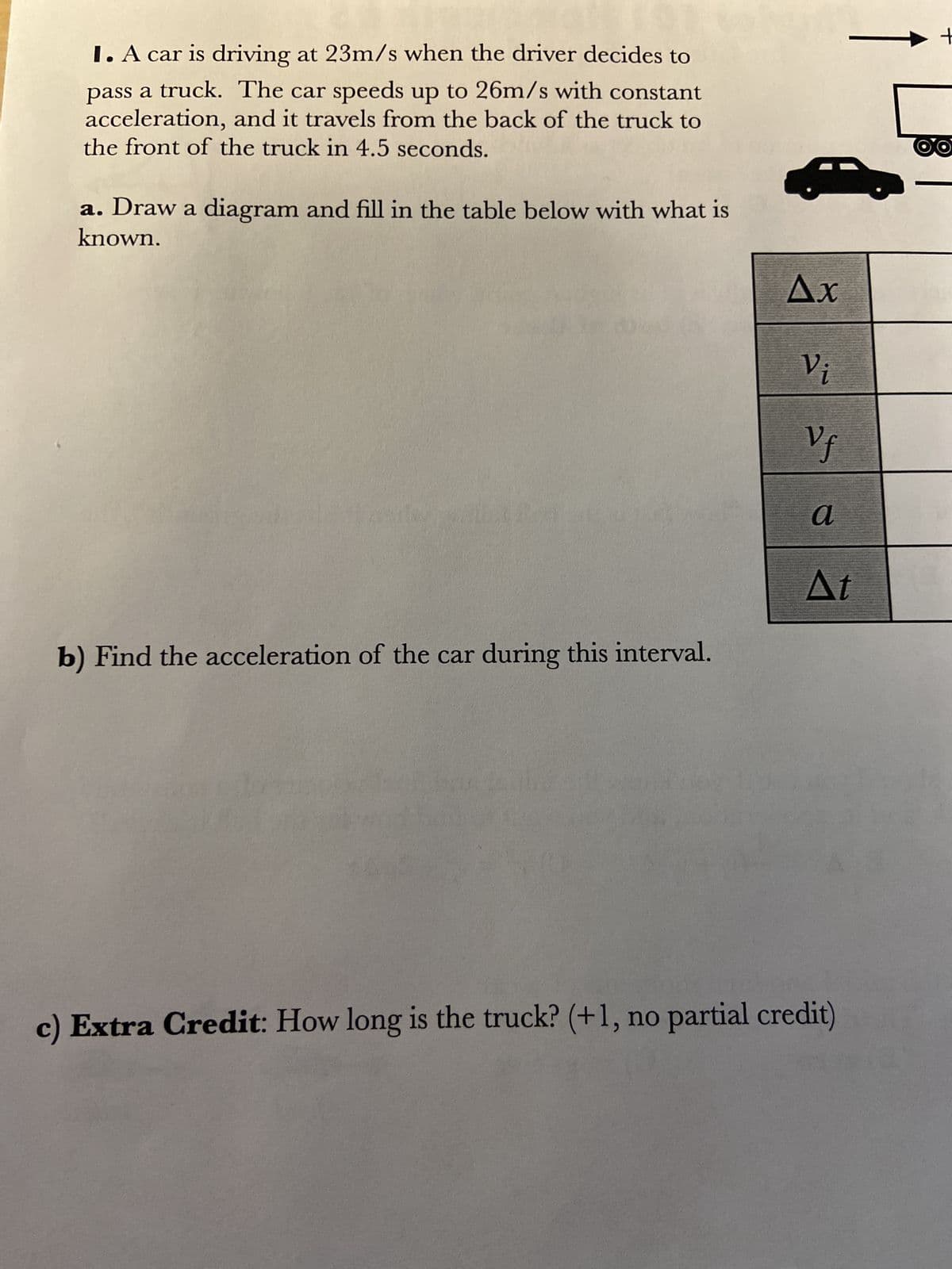 I. A car is driving at 23m/s when the driver decides to
pass a truck. The car speeds up to 26m/s with constant
acceleration, and it travels from the back of the truck to
the front of the truck in 4.5 seconds.
a. Draw a diagram and fill in the table below with what is
known.
b) Find the acceleration of the car during this interval.
Ax
Vi
Vf
a
At
c) Extra Credit: How long is the truck? (+1, no partial credit)
+