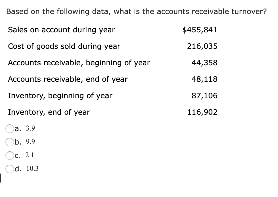 Based on the following data, what is the accounts receivable turnover?
Sales on account during year
$455,841
Cost of goods sold during year
216,035
Accounts receivable, beginning of year
44,358
Accounts receivable, end of year
48,118
Inventory, beginning of year
87,106
Inventory, end of year
116,902
а. 3.9
Ob. 9.9
С. 2.1
Od. 10.3
