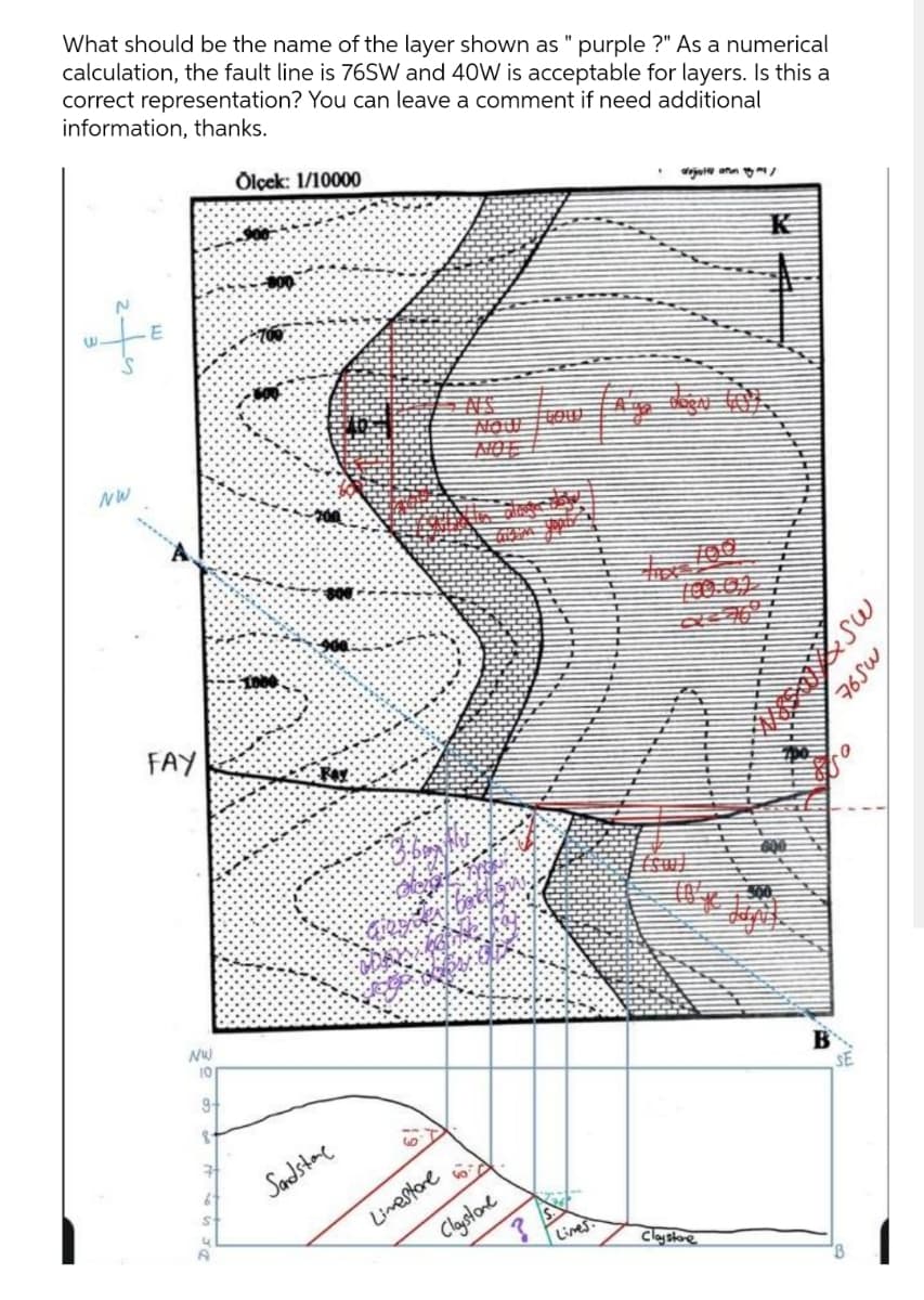 What should be the name of the layer shown as " purple ?" As a numerical
calculation, the fault line is 76SW and 40W is acceptable for layers. Is this a
correct representation? You can leave a comment if need additional
information, thanks.
Ölçek: 1/10000
diju ann
700.
100-0).
FAY
10
Sadstae
Limestare
Clastone
Limes
Claystae
