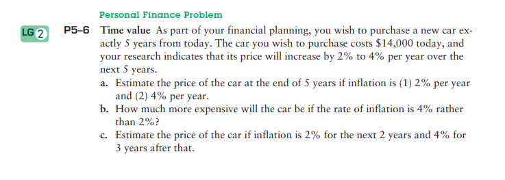 Personal Finance Problem
LG 2
P5-6 Time value As part of your financial planning, you wish to purchase a new car ex-
actly 5 years from today. The car you wish to purchase costs $14,000 today, and
your research indicates that its price will increase by 2% to 4% per year over the
next 5 years.
a. Estimate the price of the car at the end of 5 years if inflation is (1) 2% per year
and (2) 4% per year.
b. How much more expensive will the car be if the rate of inflation is 4% rather
than 2%?
c. Estimate the price of the car if inflation is 2% for the next 2 years and 4% for
3 years after that.
