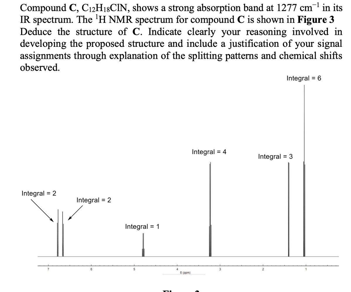 -1 in its
Compound C, C12H18CIN, shows a strong absorption band at 1277 cm
IR spectrum. The 'H NMR spectrum for compound C is shown in Figure 3
Deduce the structure of C. Indicate clearly your reasoning involved in
developing the proposed structure and include a justification of your signal
assignments through explanation of the splitting patterns and chemical shifts
observed.
Integral = 6
Integral = 4
Integral
= 3
Integral = 2
Integral = 2
Integral = 1
6
2
6 (ppm)
