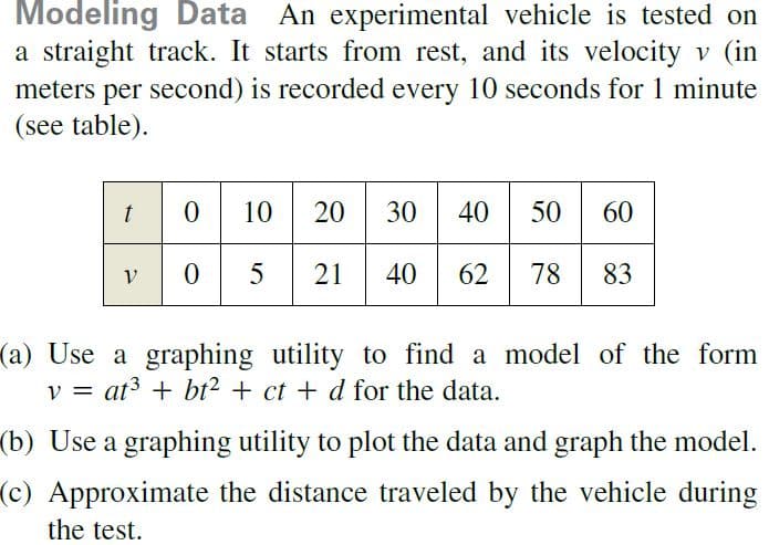 Modeling Data
a straight track. It starts from rest, and its velocity v (in
meters per second) is recorded every 10 seconds for 1 minute
(see table).
An experimental vehicle is tested on
20
10
30
40
50
60
21
40
62
78
83
(a) Use a graphing utility to find a model of the form
at3 + bt? + ct + d for the data.
(b) Use a graphing utility to plot the data and graph the model.
(c) Approximate the distance traveled by the vehicle during
the test.
