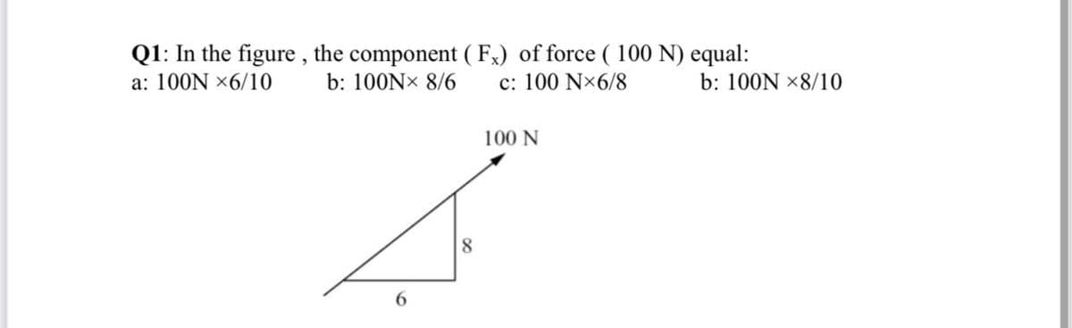 Q1: In the figure , the component ( Fx) of force ( 100 N) equal:
a: 100N x6/10
b: 100NX 8/6
c: 100 N×6/8
b: 100N ×8/10
100 N
8.
6.
