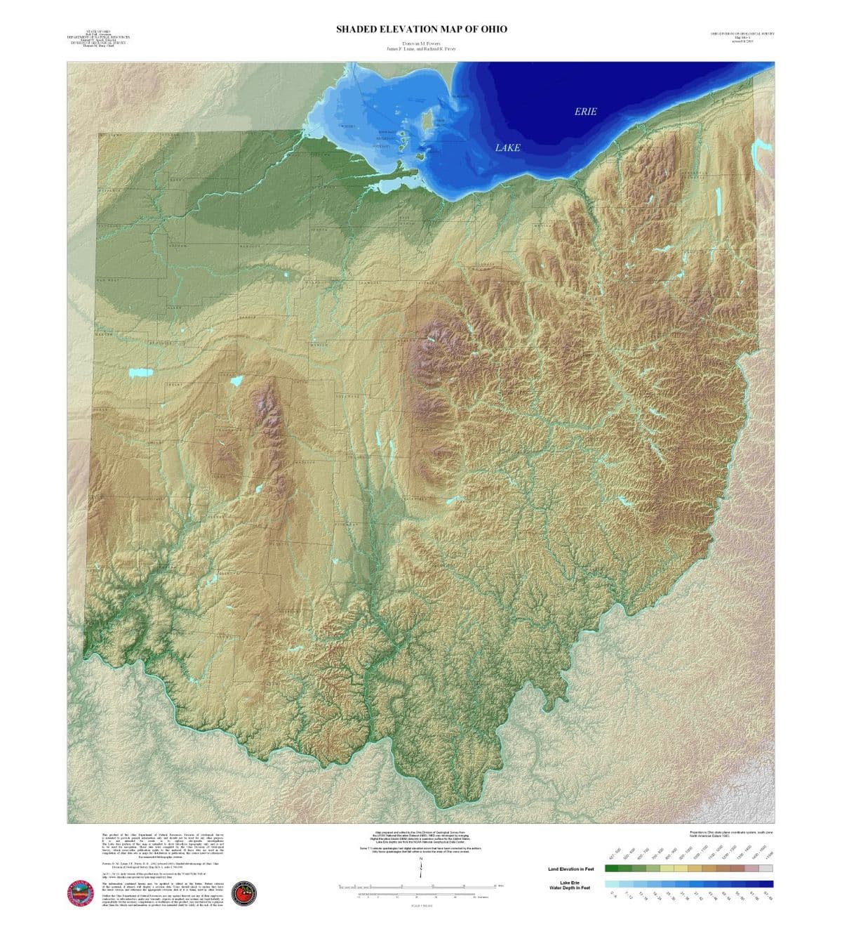 SHADED ELEVATION MAP OF OHIO
Donovn M Powers
Junmes Laine, and Rahand R Pavey
ERIE
LAKE
P n Co state plee ree en soh re
pe ty
Te Late pr ta tt l
Land Elevation in Feet
Lake Erie
Water Depth in Feet
d

