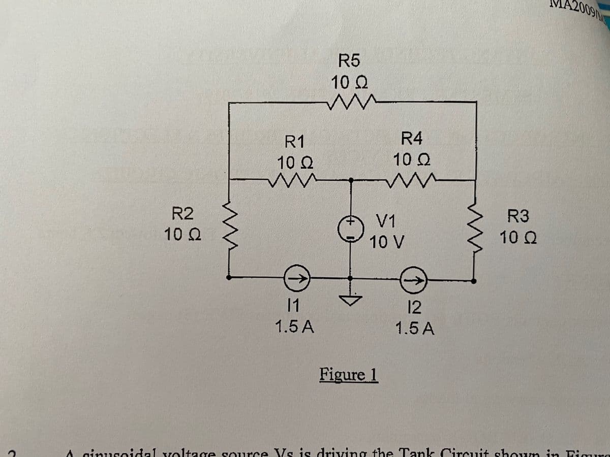 2009
R5
10 Q
R1
R4
10 Q
10 Q
R2
V1
R3
10 Q
10 V
10 Q
->
11
12
1.5 A
1.5 A
Figure 1
A ginusoidal voltage source Vs is driving the Tank Circuit shoum in Fimume
