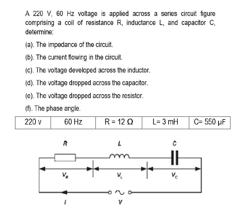 A 220 V, 60 Hz voltage is applied across a series circuit figure
comprising a coil of resistance R, inductance L, and capacitor C,
determine:
(a). The impedance of the circuit.
(b). The current flowing in the circuit.
(c). The voltage developed across the inductor.
(d). The voltage dropped across the capacitor.
(e). The voltage dropped across the resistor.
(f). The phase angle.
220 V
60 Hz
R = 12 Q
C= 550 µF
R
L
V₁
V
L= 3 mH
Vc