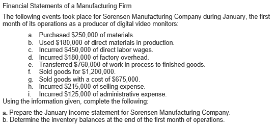 Financial Statements of a Manufacturing Firm
The following events took place for Sorensen Manufacturing Company during January, the first
month of its operations as a producer of digital video monitors:
a. Purchased $250,000 of materials.
b. Used $180,000 of direct materials in production.
c. Incurred $450,000 of direct labor wages.
d. Incurred $180,000 of factory overhead.
e. Transferred $760,000 of work in process to finished goods.
f. Sold goods for $1,200,000.
g. Sold goods with a cost of $675,000.
h. Incurred $215,000 of selling expense.
i. Incurred $125,000 of administrative expense.
Using the information given, complete the following:
a. Prepare the January income statement for Sorensen Manufacturing Company.
b. Determine the inventory balances at the end of the first month of operations.

