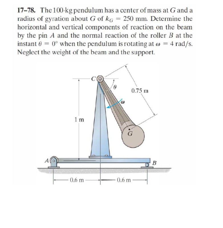 17-78. The 100-kg pendulum has a center of mass at G and a
radius of gyration about G of kG = 250 mm. Determine the
horizontal and vertical components of reaction on the beam
by the pin A and the normal reaction of the roller B at the
instant 0 = 0° when the pendulum is rotating at o = 4 rad/s.
Neglect the weight of the beam and the support.
%3D
0.75 m
1 m
A
В
-0.6 m
0.6 m
