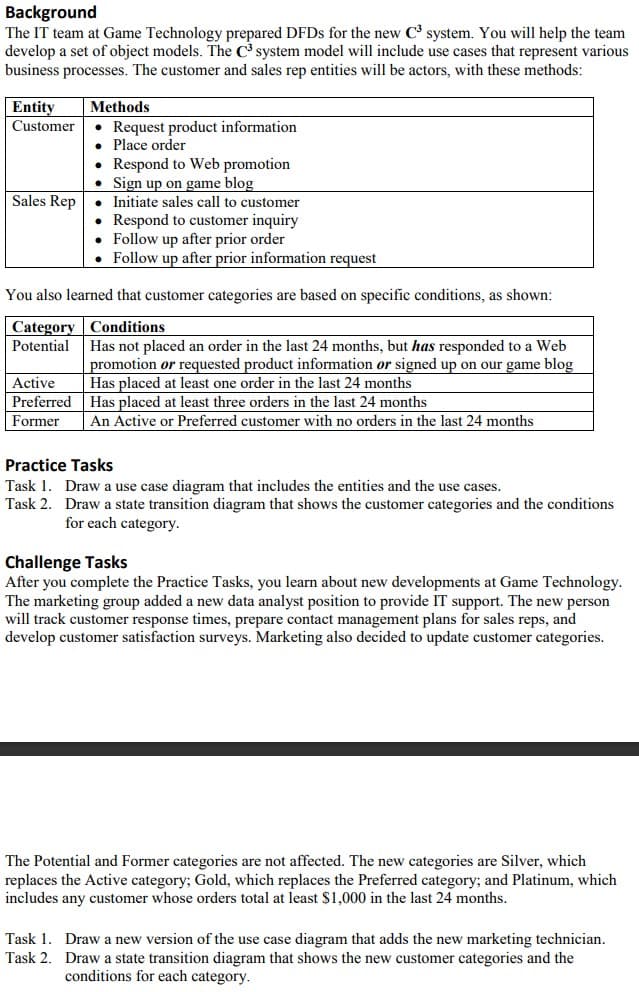 Background
The IT team at Game Technology prepared DFDS for the new C system. You will help the team
develop a set of object models. The C system model will include use cases that represent various
business processes. The customer and sales rep entities will be actors, with these methods:
Entity
Customer
Methods
Request product information
• Place order
• Respond to Web promotion
• Sign up on game blog
• Initiate sales call to customer
• Respond to customer inquiry
• Follow up after prior order
• Follow up after prior information request
Sales Rep
You also learned that customer categories are based on specific conditions, as shown:
Category Conditions
Potential
Has not placed an order in the last 24 months, but has responded to a Web
promotion or requested product information or signed up on our game blog
Has placed at least one order in the last 24 months
Active
Preferred Has placed at least three orders in the last 24 months
Former
An Active or Preferred customer with no orders in the last 24 months
Practice Tasks
Task 1. Draw a use case diagram that includes the entities and the use cases.
Task 2. Draw a state transition diagram that shows the customer categories and the conditions
for each category.
Challenge Tasks
After you complete the Practice Tasks, you learn about new developments at Game Technology.
The marketing group added a new data analyst position to provide IT support. The new person
will track customer response times, prepare contact management plans for sales reps, and
develop customer satisfaction surveys. Marketing also decided to update customer categories.
The Potential and Former categories are not affected. The new categories are Silver, which
replaces the Active category; Gold, which replaces the Preferred category; and Platinum, which
includes any customer whose orders total at least $1,000 in the last 24 months.
Task 1. Draw a new version of the use case diagram that adds the new marketing technician.
Task 2. Draw a state transition diagram that shows the new customer categories and the
conditions for each category.
