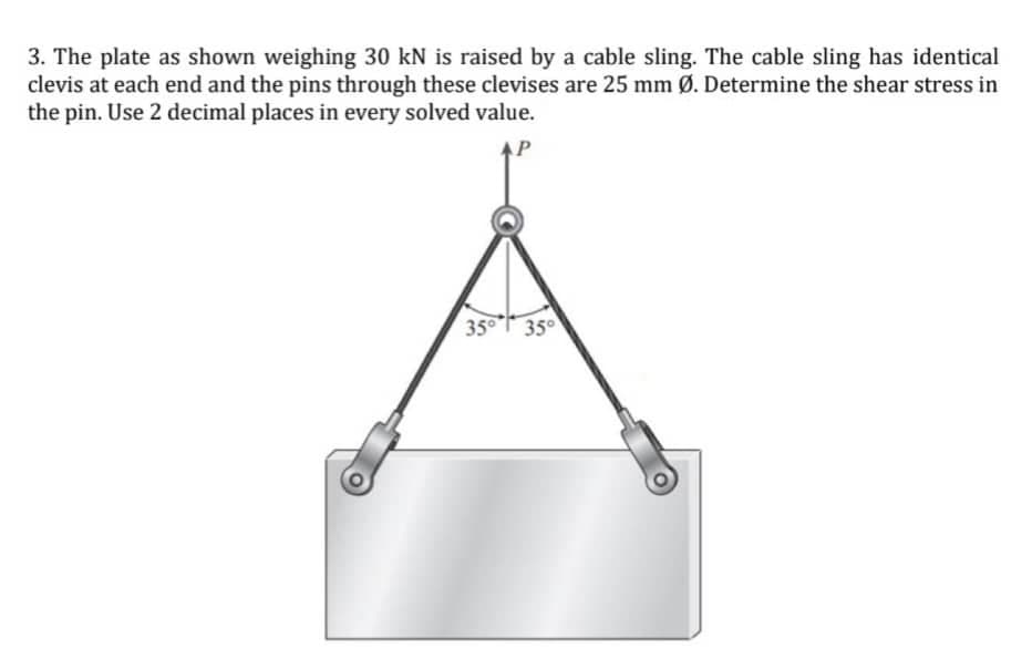 3. The plate as shown weighing 30 kN is raised by a cable sling. The cable sling has identical
clevis at each end and the pins through these clevises are 25 mm Ø. Determine the shear stress in
the pin. Use 2 decimal places in every solved value.
AP
35° 35°
