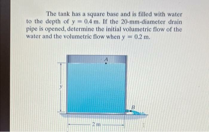 The tank has a square base and is filled with water
to the depth of y = 0.4 m. If the 20-mm-diameter drain
pipe is opened, determine the initial volumetric flow of the
water and the volumetric flow when y = 0.2 m.
2 m
B