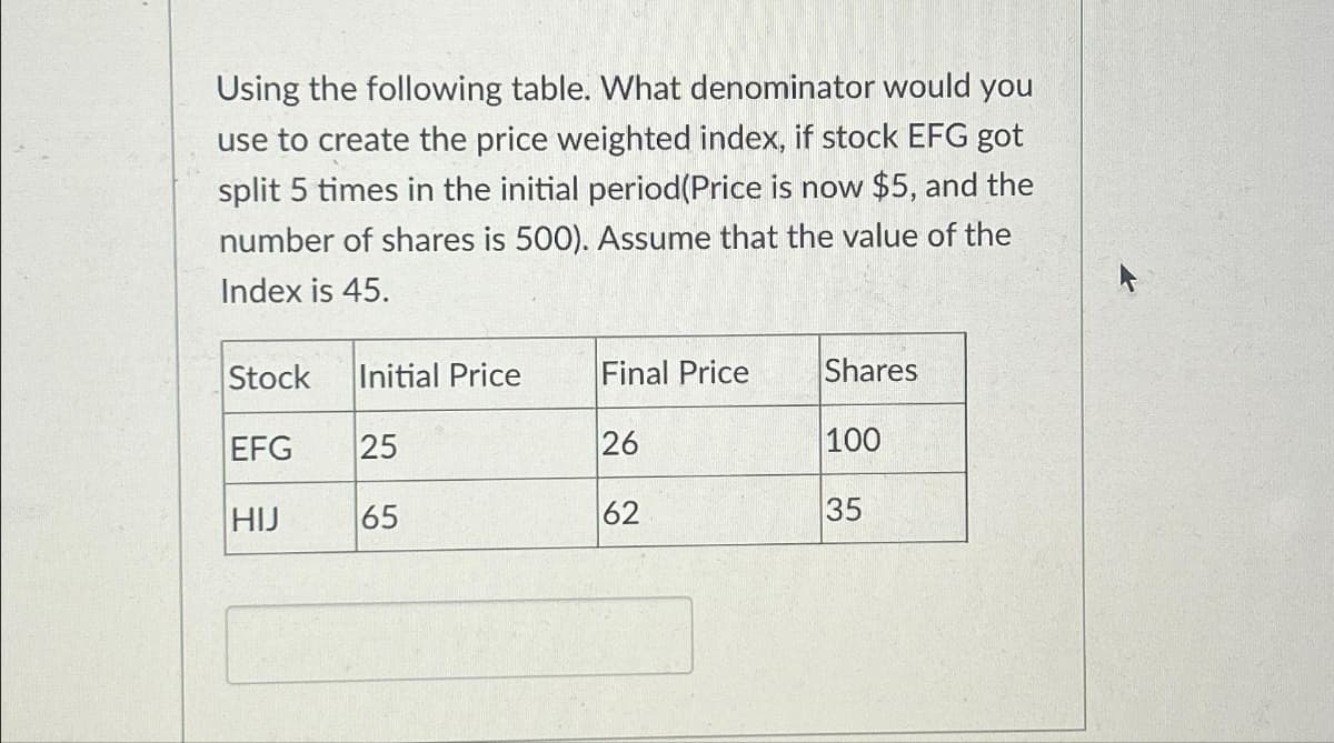 Using the following table. What denominator would you
use to create the price weighted index, if stock EFG got
split 5 times in the initial period(Price is now $5, and the
number of shares is 500). Assume that the value of the
Index is 45.
Stock Initial Price
EFG
HIJ
25
65
Final Price
26
Shares
100
35