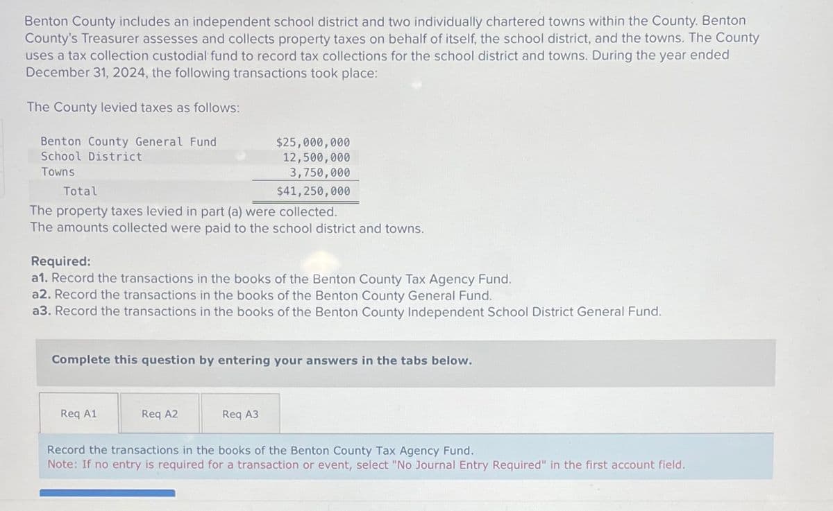 Benton County includes an independent school district and two individually chartered towns within the County. Benton
County's Treasurer assesses and collects property taxes on behalf of itself, the school district, and the towns. The County
uses a tax collection custodial fund to record tax collections for the school district and towns. During the year ended
December 31, 2024, the following transactions took place:
The County levied taxes as follows:
Benton County General Fund
School District
Towns
Total
$25,000,000
12,500,000
3,750,000
$41,250,000
The property taxes levied in part (a) were collected.
The amounts collected were paid to the school district and towns.
Required:
a1. Record the transactions in the books of the Benton County Tax Agency Fund.
a2. Record the transactions in the books of the Benton County General Fund.
a3. Record the transactions in the books of the Benton County Independent School District General Fund.
Complete this question by entering your answers in the tabs below.
Req A1
Req A2
Req A3
Record the transactions in the books of the Benton County Tax Agency Fund.
Note: If no entry is required for a transaction or event, select "No Journal Entry Required" in the first account field.
