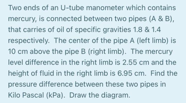 Two ends of an U-tube manometer which contains
mercury, is connected between two pipes (A & B),
that carries of oil of specific gravities 1.8 & 1.4
respectively. The center of the pipe A (left limb) is
10 cm above the pipe B (right limb). The mercury
level difference in the right limb is 2.55 cm and the
height of fluid in the right limb is 6.95 cm. Find the
pressure difference between these two pipes in
Kilo Pascal (kPa). Draw the diagram.
