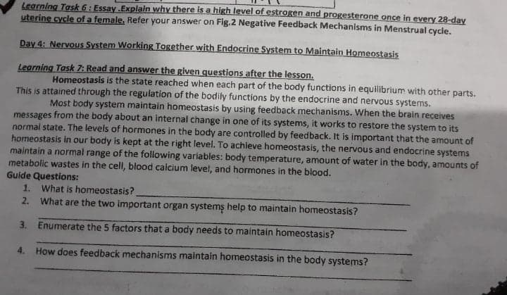 Learning Task 6: Essay .Explain why there is a high level of estrogen and progesterone once in every 28-day
uterine cycle of a female, Refer your answer on Fig.2 Negative Feedback Mechanisms in Menstrual cycię,
Day 4: Nervous System Working Together with Endocrine System to Maintain Homeostasis
Learning Task 7: Read and answer the given questions after the lesson.
Homeostasis is the state reached when each part of the body functions in equilibrium with other parts.
This is attained through the regulation of the bodily functions by the endocrine and nervous systems.
Most body system maintain homeostasis by using feedback mechanisms. When the brain reçeives
messages from the body about an internal change in one of its systems, it works to restore the system to its
normal state. The levels of hormones in the body are controlled by feedback. It is important that the amount of
homeostasis in our body is kept at the right level. To achieve homeostasis, the nervous and endocrine systems
maintain a normal range of the following variables: body temperature, amount of water in the body, amounts of
metabolic wastes in the cell, blood calcium levet, and hormones in the biood.
Guide Questions:
1. What is homeostasis?
2. What are the two important organ systemş help to maintain homeostasis?
3. Enumerate the 5 factors that a body needs to maintain homeostasis?
4.
How does feedback mechanisms maintain homeostasis in the body systems?
