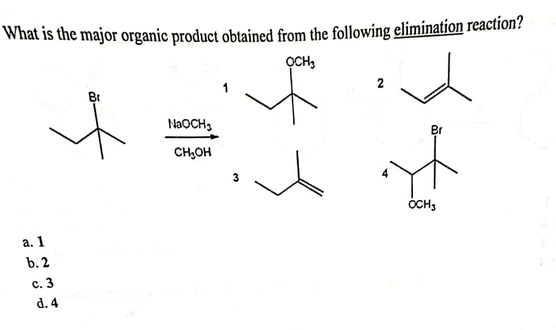 What is the major organic product obtained from the following elimination reaction?
a. 1
b. 2
c. 3
d. 4
+
Br
NaOCH
CH₂OH
OCH3
2
OCH3
Br