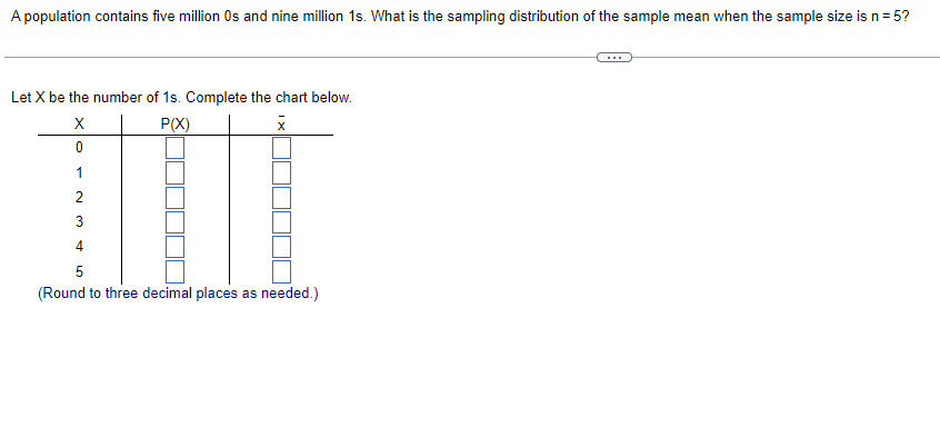 A population contains five million Os and nine million 1s. What is the sampling distribution of the sample mean when the sample size is n= 5?
Let X be the number of 1s. Complete the chart below.
P(X)
1
2
4.
5
(Round to three decimal places as needed.)
3.
