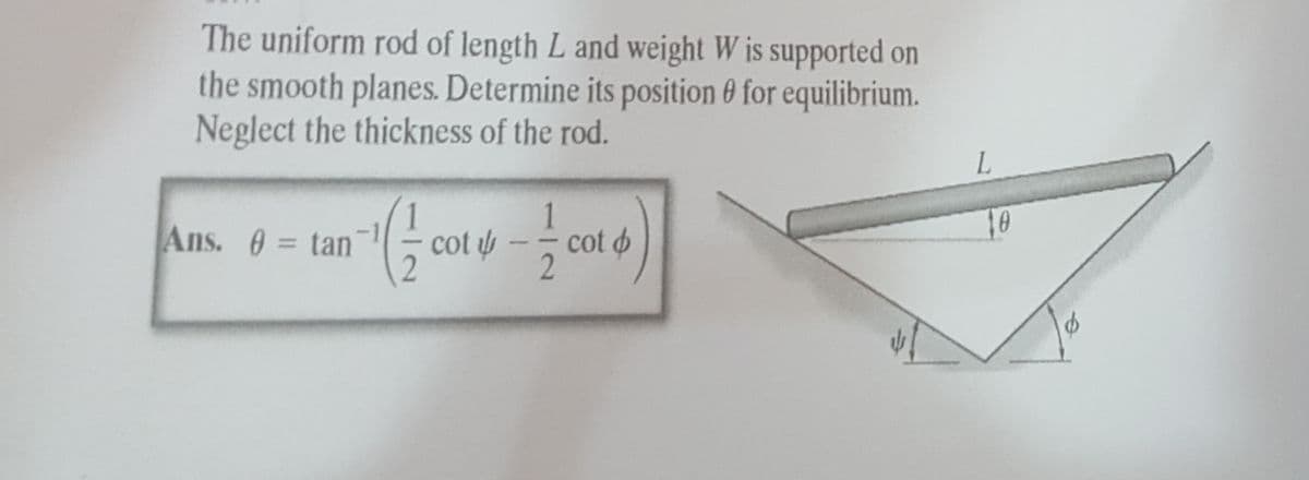 The uniform rod of length L and weight W is supported on
the smooth planes. Determine its position 0 for equilibrium.
Neglect the thickness of the rod.
L
1
10
Ans. 0 = tan
cot y
cot o
%3D
