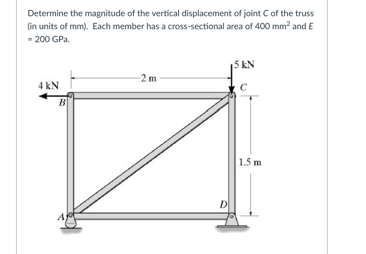 Determine the magnitude of the vertical displacement of joint C of the truss
(in units of mm). Each member has a cross-sectional area of 400 mm2 andE
200 GPa.
5 kN
2 m
4 kN
C
B
1.5 m
D
