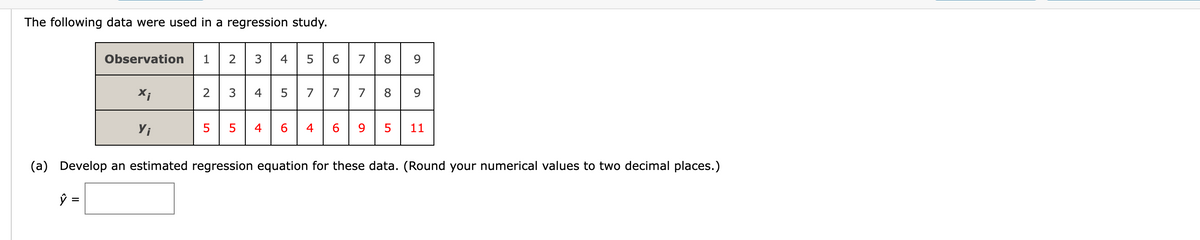 The following data were used in a regression study.
Observation 1
2
3
4
5
6 7 8
6
00
xi
2
3
4
5
7 7
7
8
9
Yi
5
5
st
4
st
60
4
6
10
9
5
11
(a) Develop an estimated regression equation for these data. (Round your numerical values to two decimal places.)
ŷ =