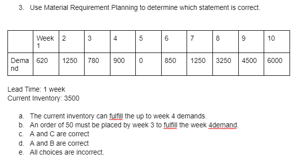 3. Use Material Requirement Planning to determine which statement is correct.
Week 2
1
3
4
5
• fr0 [200]
780
900 0
Dema 620 1250
nd
Lead Time: 1 week
Current Inventory: 3500
6
d. A and B are correct
e. All choices are incorrect.
850
7
8
a. The current inventory can fulfill the up to week 4 demands.
b. An order of 50 must be placed by week 3 to fulfill the week 4demand.
c. A and C are correct
9
1250 3250 4500
10
6000