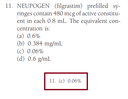11. NEUPOGEN (filgrastim) prefilled sy-
ringes contain 480 mcg of active constitu-
ent in each 0.8 mL. The equivalent con-
centration is:
(a) 0.6%
(b) 0.384 mg/mL
(c) 0.06%
(d) 0.6 g/mL
11. (c) 0.06%