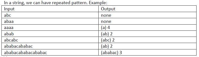 In a string, we can have repeated pattern. Example:
Input
Output
abc
none
abaa
none
(a) 4
(ab) 2
(abc) 2
(ab) 2
(ababac) 3
aaaa
abab
abcabc
ababacababac
ababacababacababac
