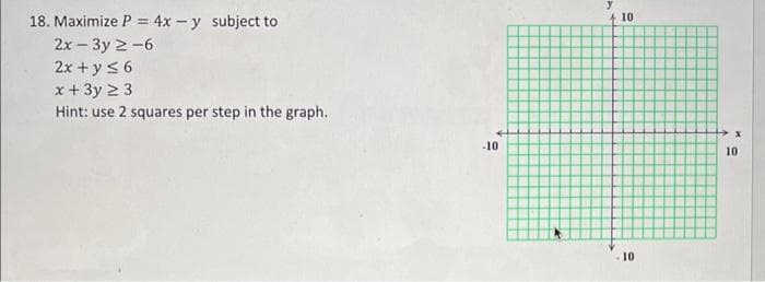 18. Maximize P = 4x -y subject to
2x-3y 2-6
2x+y≤6
x + 3y 23
Hint: use 2 squares per step in the graph.
-10
4
+10
-10
x
10