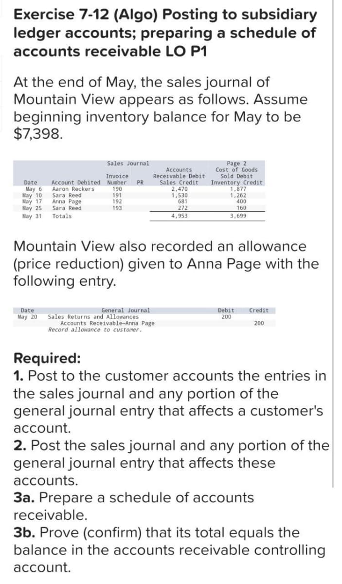 Exercise 7-12 (Algo) Posting to subsidiary
ledger accounts; preparing a schedule of
accounts receivable LO P1
At the end of May, the sales journal of
Mountain View appears as follows. Assume
beginning inventory balance for May to be
$7,398.
Date:
May 6
May 10
May 17
May 25
May 31
Account Debited
Aaron Reckers
Sara Reed
Anna Page.
Sara Reed
Totals
Date
May 20
Sales Journal
Invoice
Number PR
190
191
192
193
Accounts
Receivable Debit
Sales Credit
2,470
1,530
681
272
4,953
General Journal
Sales Returns and Allowances
Accounts Receivable-Anna Page
Record allowance to customer.
Page 2
Cost of Goods
Sold Debit
Inventory Credit
1,877
1,262
Mountain View also recorded an allowance
(price reduction) given to Anna Page with the
following entry.
400
160
3,699
Debit
200
Credit
200
Required:
1. Post to the customer accounts the entries in
the sales journal and any portion of the
general journal entry that affects a customer's
account.
2. Post the sales journal and any portion of the
general journal entry that affects these
accounts.
3a. Prepare a schedule of accounts
receivable.
3b. Prove (confirm) that its total equals the
balance in the accounts receivable controlling
account.