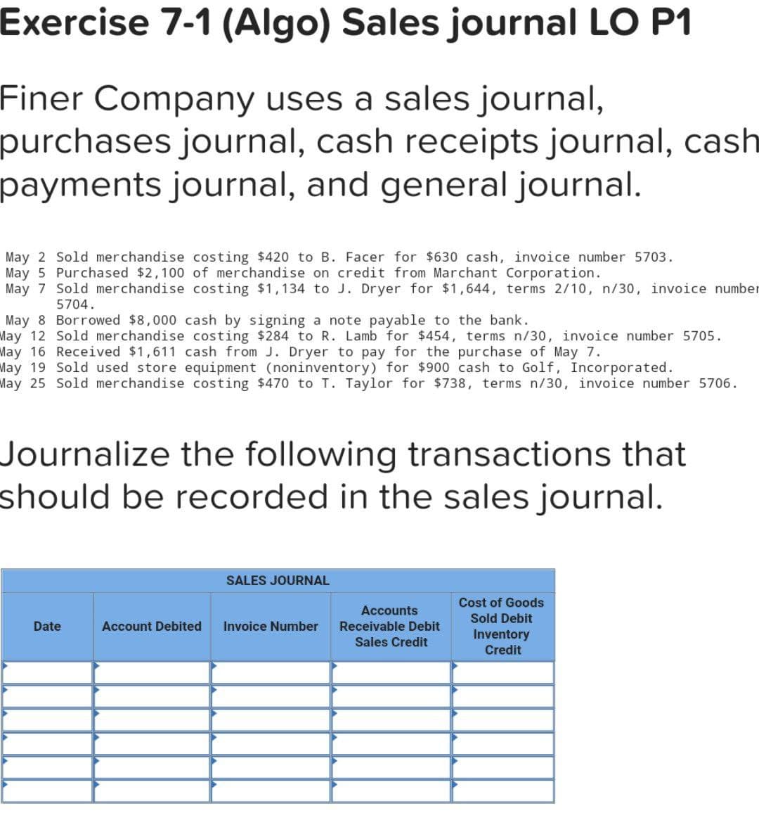 Exercise 7-1 (Algo) Sales journal LO P1
Finer Company uses a sales journal,
purchases journal, cash receipts journal, cash
payments journal, and general journal.
May 2 Sold merchandise costing $420 to B. Facer for $630 cash, invoice number 5703.
May 5 Purchased $2,100 of merchandise on credit from Marchant Corporation.
May 7 Sold merchandise costing $1,134 to J. Dryer for $1,644, terms 2/10, n/30, invoice number
5704.
May 8 Borrowed $8,000 cash by signing a note payable to the bank.
May 12 Sold merchandise costing $284 to R. Lamb for $454, terms n/30, invoice number 5705.
May 16 Received $1,611 cash from J. Dryer to pay for the purchase of May 7.
May 19 Sold used store equipment (noninventory) for $900 cash to Golf, Incorporated.
May 25 Sold merchandise costing $470 to T. Taylor for $738, terms n/30, invoice number 5706.
Journalize the following transactions that
should be recorded in the sales journal.
Date
Account Debited
SALES JOURNAL
Invoice Number
Accounts
Receivable Debit
Sales Credit
Cost of Goods
Sold Debit
Inventory
Credit