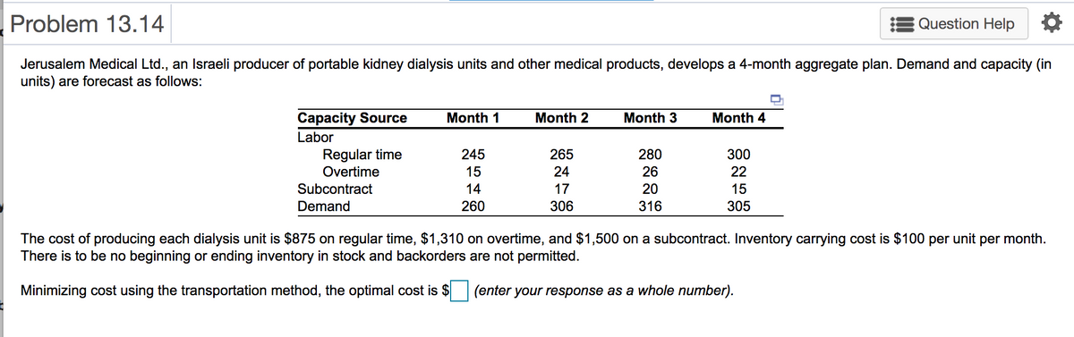 Problem 13.14
Question Help
Jerusalem Medical Ltd., an Israeli producer of portable kidney dialysis units and other medical products, develops a 4-month aggregate plan. Demand and capacity (in
units) are forecast as follows:
Capacity Source
Month 1
Month 2
Month 3
Month 4
Labor
Regular time
245
265
280
300
Overtime
15
24
26
22
Subcontract
14
17
20
15
Demand
260
306
316
305
The cost of producing each dialysis unit is $875 on regular time, $1,310 on overtime, and $1,500 on a subcontract. Inventory carrying cost is $100 per unit per month.
There is to be no beginning or ending inventory in stock and backorders are not permitted.
Minimizing cost using the transportation method, the optimal cost is $
(enter your response as a whole number).
